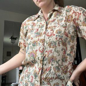 Cream Paisley Short Sleeve Button Up Blouse